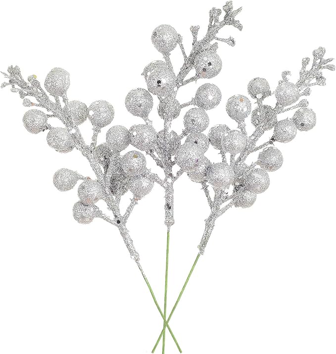 Lvydec 16pcs Christmas Glitter Berries Stems Clearance, 7.8" Artificial Christmas Picks for Christmas Tree Ornaments, DIY Xmas Wreath, Crafts, Holiday and Home Decor (Silver)