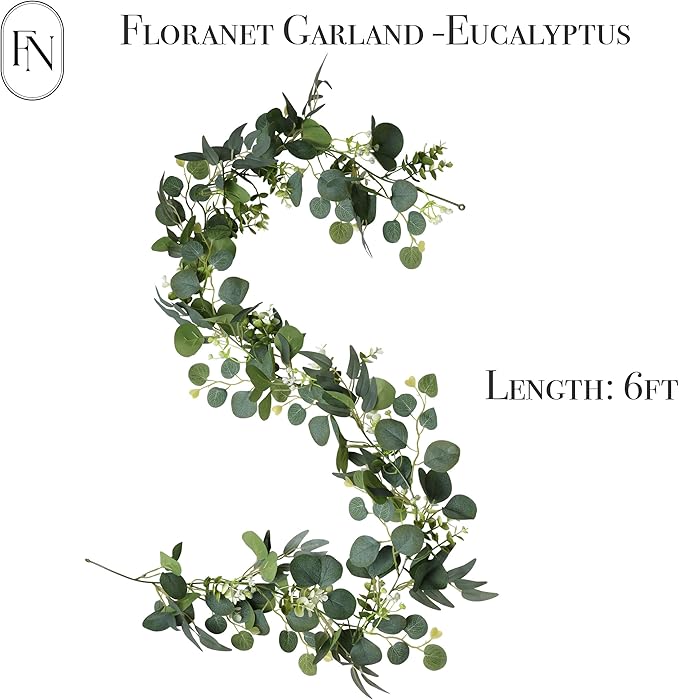 2 PCS 6 Feet Artificial Faux Eucalyptus Hanging Garland Greenery Leaves for Wedding Office Shop Home Decor Backdrop Arch Wall Party Table Fireplace Bedroom DIY Decoration