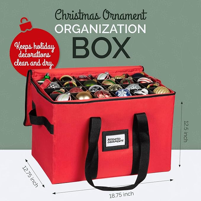 Christmas Ornament Storage Container,Box Stores Up to 96, Adjustable Dividers, Large Organizer Bin to Protect and Store Holiday Décor