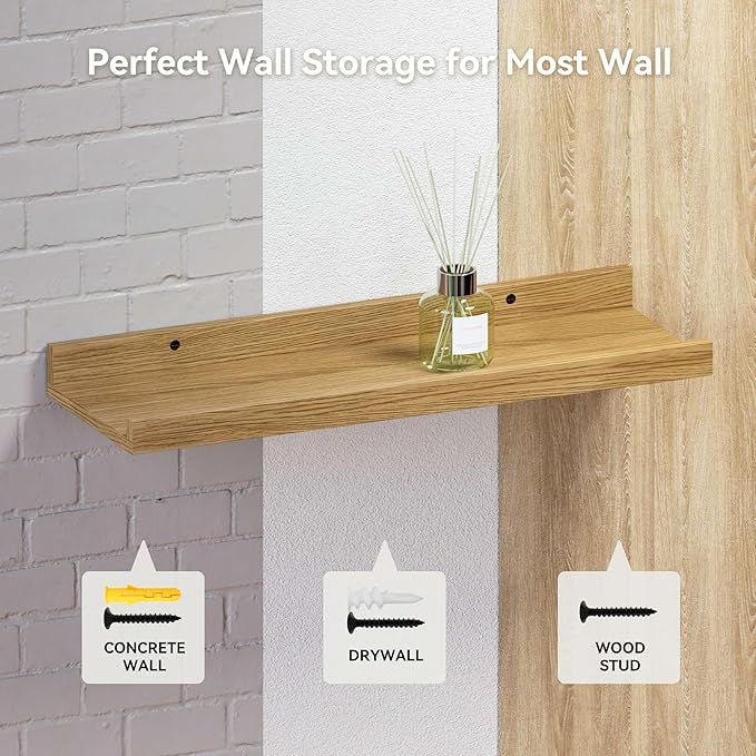 23.6 Inches Long Floating Shelves, 2 Set Modern Wall Shelf for Bedroom, Nursery Book Shelf with Lip, Picture Ledge Shelf for Wall Decor Living Room Bathroom Kitchen - Oak