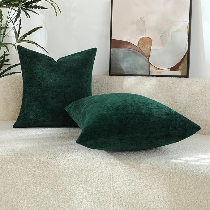 Hunter Green Chenille Decorative Couch Lumbar Throw Pillow Covers, Soft Cushion Cases for Home Livingroom Sofa Décor, Pack of 2, 12 x 20 Inches