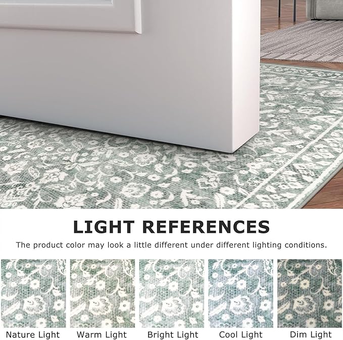 Vintage Washable Rug 2x3, Sage Green Grey Small Area Rugs for Entryway, Floral Super Soft Kitchen Rugs, Low-Pile Throw Rugs Indoor Door Mat Thin Print Faux Wool Carpet for Entrance, Office