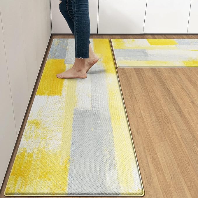 Arttown Gray Yellow Anti-Fatigue Kitchen Rug Set of 2 Office Contemporary Abstract Vintage Cushioned Floor Standing Mat Waterproof Non-Slip Kitchen Mat PVC Ergonomic Comfort Foam Rug