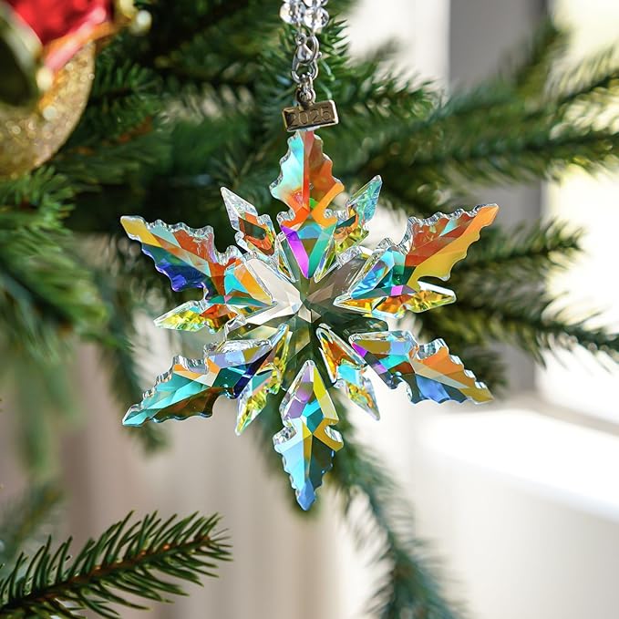 2025 Colorful Christmas Ornaments Crystal Glass Snowflake Star for Christmas Tree Ornaments Hanging Crystal Sun Catcher Pendant Home Decor
