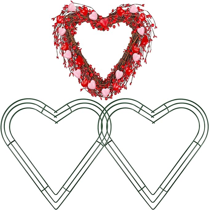 Aodaer 2 Pack 16 Inch Heart Wire Wreaths Frame Heart Metal Wreath Garland Green Wire Flower Wreath for Valentine's Day, Wedding Party, Home Ceremony Decoration