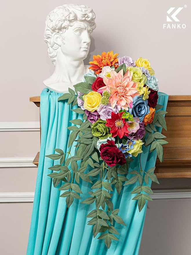 FANKO Artificial Flowers Rainbow Rose, Mixed Combo Fake Silk Flowers Blue & Red Rose Purple Burgundy Roses with Dahlia Assorted Blooms for DIY Wedding Bridal Bouquets/Centerpieces/Home Decor