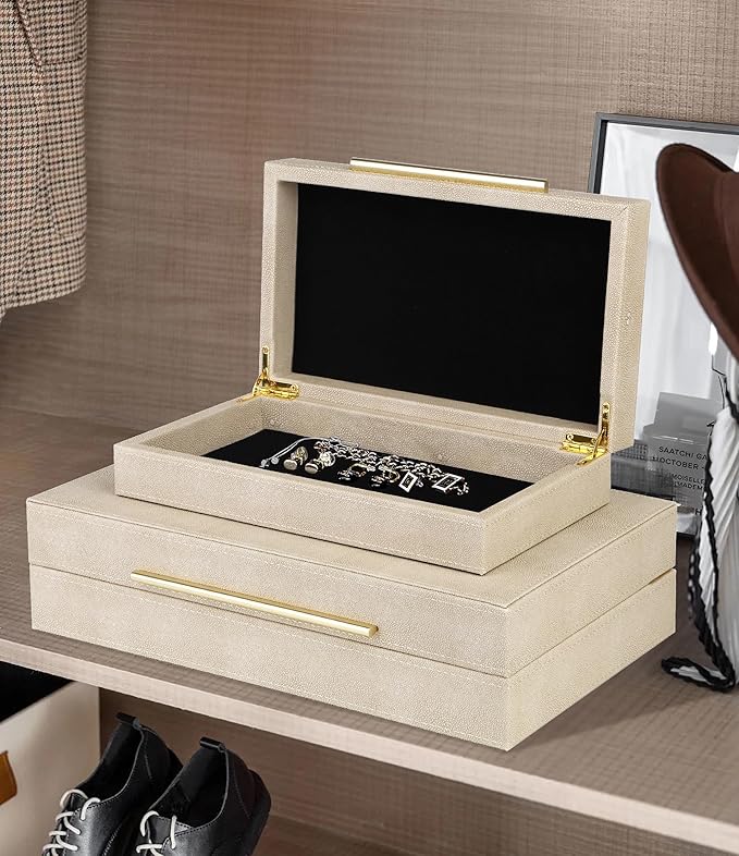HofferRuffer Faux Leather Decorative Boxes Set of 2, Large Nesting Keepsake Box Accessory Organizer Jewelry Organizer with Hinged Lid, Stacking Storage Box Container for Home or Office (Light Grey)