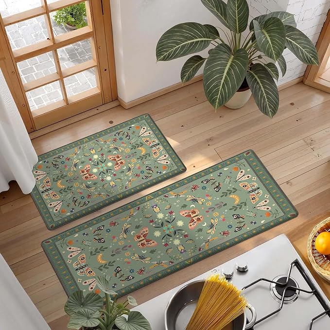 Anti Fatigue Mats for Kitchen Floor Green Kitchen Rugs Sets of 2 Bug Insect Butterfly Non Slip Cushioned Waterproof Comfort Memory Foam Standing Floor Mat for Office Laundry Sink Desk