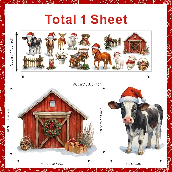 Merry Christmas Window Cling,Christmas Farm Animals Window Sticker,Xmas Farm Animals Wall Decal,Xmas Farmhouse Hourse Cows Sheep Dog Cat Wall Sticker for Glass Winter Party Home Living Room