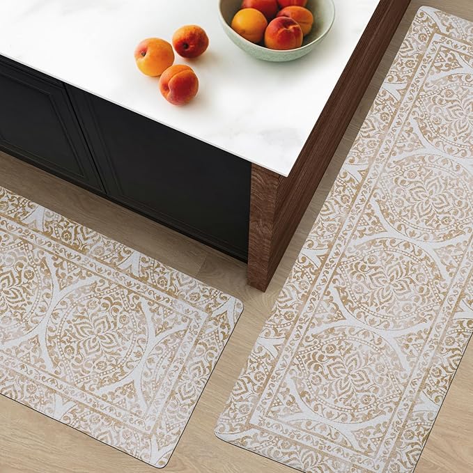 FRESHMINT 2 Piece Set Boho Kitchen Mats for Floor Bohemian Distressed Anti Fatigue Kitchen Rugs Vintage Farmhouse Cushioned Kitchen Runners for Standing Waterproof & Non-Skid Comfort, Khaki Tan