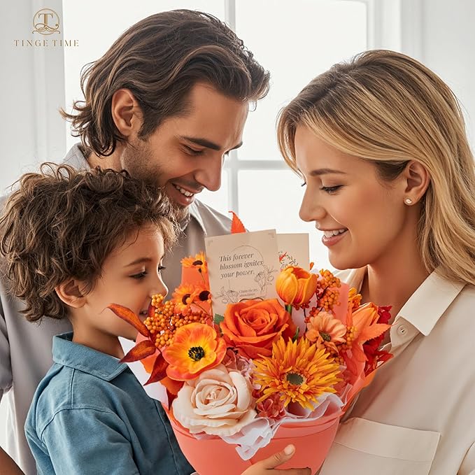 Orange Preserved Flowers Bouquet, Gift Bouquet for Women, Eternal Fake Flower Gift for Christmas Anniversary Birthday Home Décor