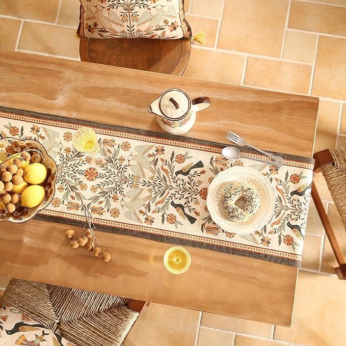 bilingaier Vintage Linen Table Runner 102 Inches Long,Floral Print Italian Rustic Runner for Coffee Table Decor Tabletop Table Runners for Kitchen,Dining,Party,Home,Christmas,12"*102"