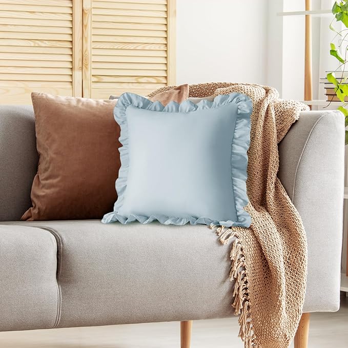 KKJIAF Ruffle Pillow Cases 18x18 Inches, Dusty Blue Square Ruffled Pillow Covers Set of 2, Microfiber Wrinkle Resistant Pillow Shams with Envelope Closure for Sofa Bed Living Room