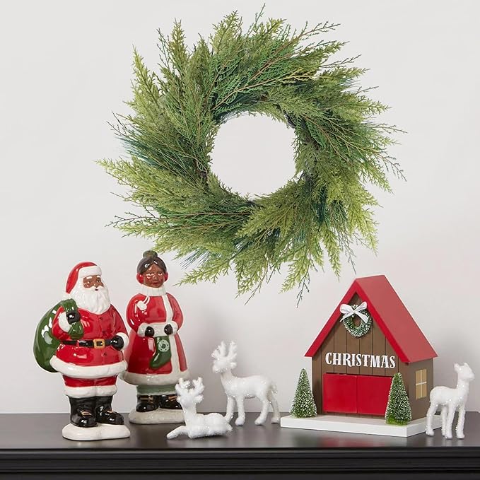 20” Green Faux Norfolk Pine Christmas Winter Wreath – Mixed with Real Touch Fake Cypress, Cedar & Spruce, Xmas Wreaths for Front Door Porch Mantel & Fireplace