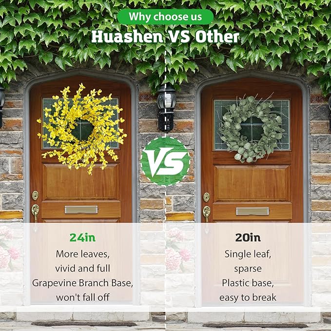 20 Inch Spring Wreath for Front Door, Yellow Forsythia Spring Wreath for Farmhouse Rustic Grapevine Blossom Cluster Festival Celebration Front Door Wall Window Party Decoration Home Décor