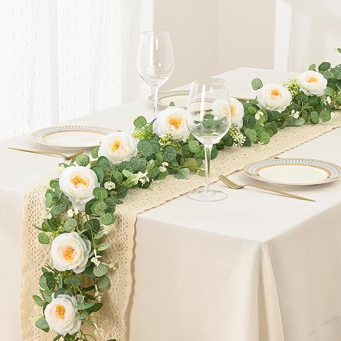 Dolicer 4Pcs 26Ft Artificial Eucalyptus Garlands with Flowers, Faux Floral Greenery Garlands Fake Flowers Vines for Wedding Table Centerpieces Arch Party Ceremony Backdrop Decor (White)