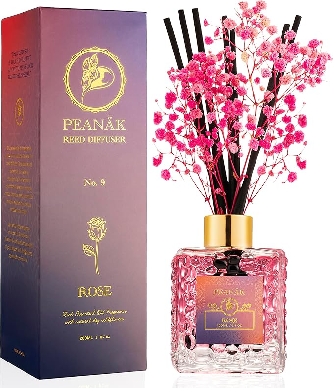 PEANÄK Reed Diffuser Set,6.7oz (200ml) Honey Rose Scented Diffuser with Preserved Flowers & 8 Fiber Sticks, Home Fragrance Reed Diffuser for Bathroom Shelf Decor