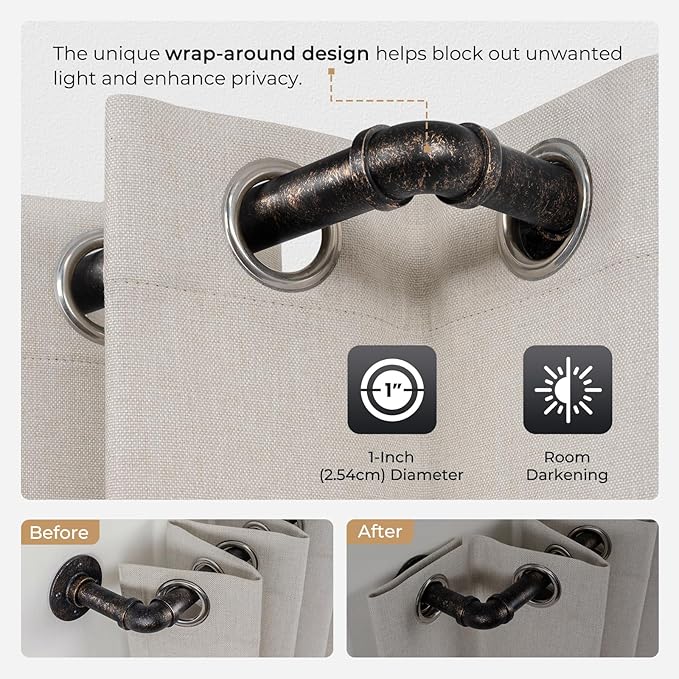 Zeerobee Curtain Rods for Windows 48 to 84, 1 Inch Industrial Wrap Around Vintage Bronze Curtain Rod, Indoor/Outdoor Room Divider Adjustable Drapery Pole, 48"-86"