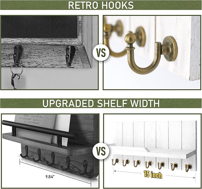 Rebee Vision Decorative Key and Mail Holder for Wall - Farmhouse 15 Inches Floating Shelf with 7 Sturdy Key Hooks for Home Entryway Wall Decor - Rustic Key Racks (White,15-inch)