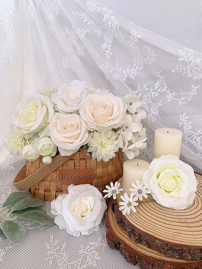 Roses Artificial Flowers White Fake Flower Bulk for DIY Wedding Bouquet Bridal Baby Shower Decorations Party Table Centerpiece Silk Floral Arrangements Home Decor Indoor Cream Ivory Box