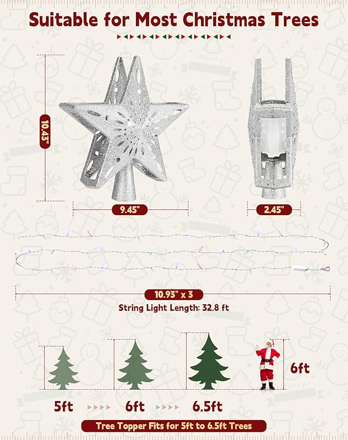 Christmas Tree Topper with 32.8FT Color Light Cord and 6 Projection Modes, Christmas Star Tree Topper Built-in LED Rotating Projector Lights, 3D Glitter Christmas Tree Decorations (Silver)