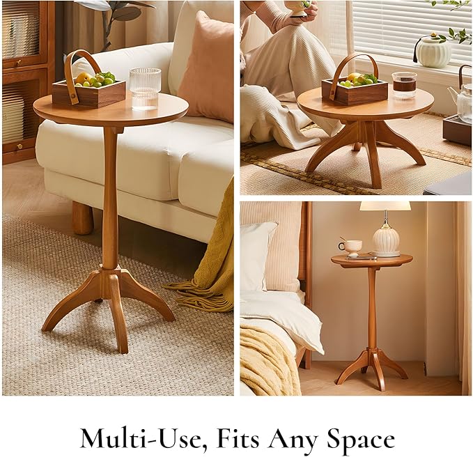 Small Round Side Table, Solid Wood End Table with Adjustable Height, Portable Accent Coffee Table, Nightstand,15.75" Dia.x 23.62" H,(Natural)