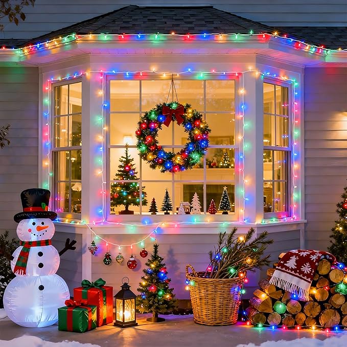 JMEXSUSS Connectable 100 LED Multicolor Christmas Lights for Tree, 8 Modes Indoor Outdoor Clear Wire, 33ft Colorful Plug-in for Christmas Tree Bedroom