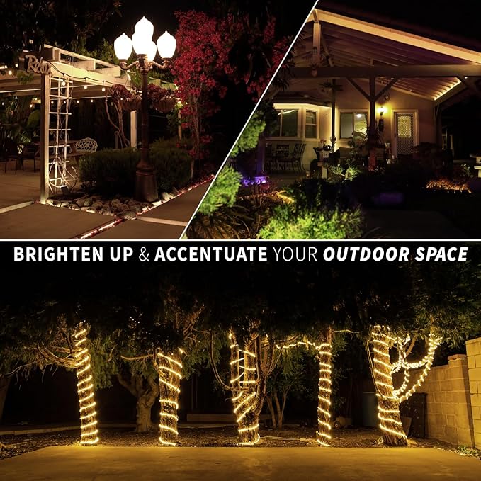 WYZworks 288LEDs, 25ft LED Outside Rope Lights, Waterproof Permanent Outdoor ETL Certified Connectable Clear Tube, Christmas Palm Tree Holiday Decorative Landscape Patio Accent Lighting - Warm White