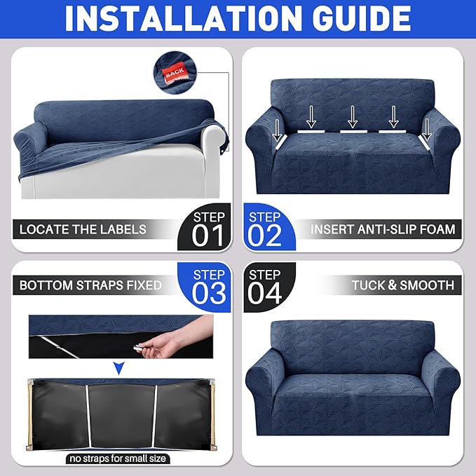 YEMYHOM 1 Piece Stretch Couch Covers for 3 Cushion Couch, Jacquard Sofa Cover with Non-Slip Elastic Bottom, Thickened Slipcover Furniture Protector for Dogs Pets (Large, Navy）