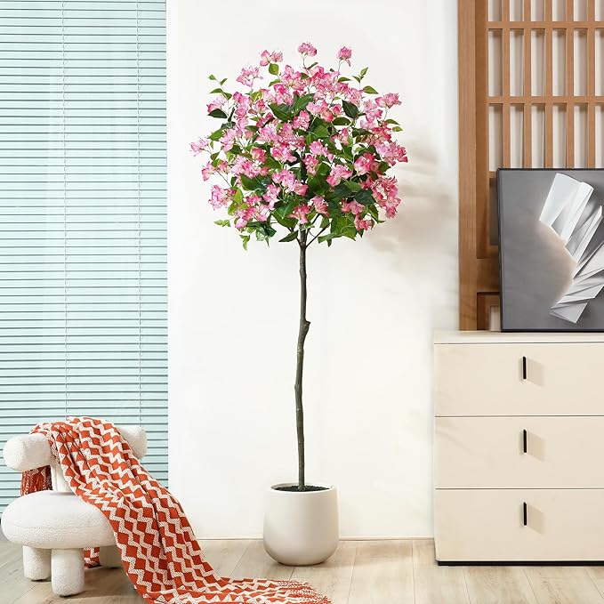 6FT Artificial Bougainvillea Tree- Faux Pink Silk Flowers in White Imitation Ceramic Planter - Fake Plants for Indoor Home Office and Living Room Decor - Perfect Housewarming Gift