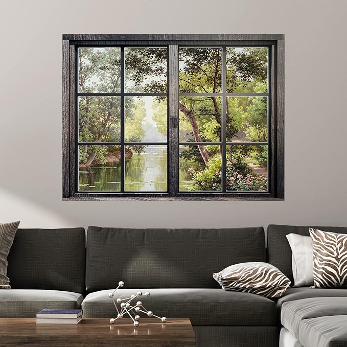 SIGNWIN Removable Wall Sticker/Wall Mural Window View Dark Green Summer Forest River Nature Wilderness Fine Art Vintage Decorative Landscape Digital Art for Living Room, Bedroom, Office - 24"x32"