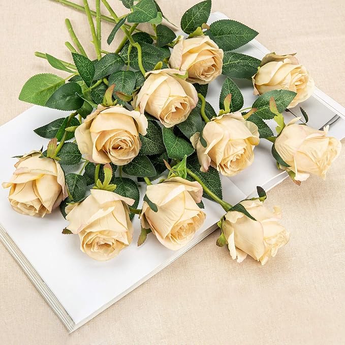 Flojery 10pcs Artificial Rose Flowers Long Stem Fake Silk Roses for DIY Wedding Bouquet Table Centerpiece Home Decor,Champagne