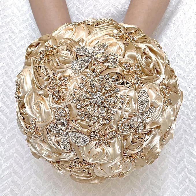 Handmade Floral Satin Rose Butterfly Shape Rhinestone Bridal Bouquet Luxury Golden Rhinestone Artificial Flowers for Wedding
