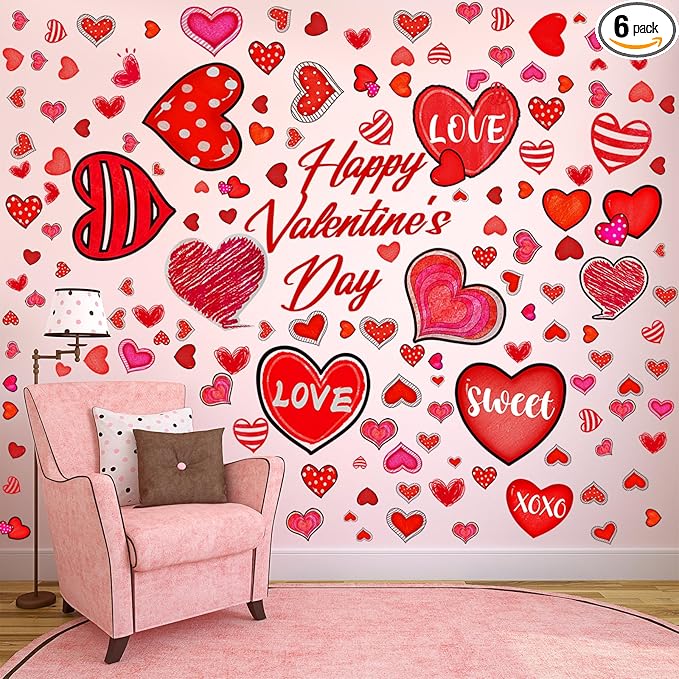 Eersida 214 Pcs Valentine‘s Day Wall Decals Removable Love Heart Wall Stickers Red Heart Window Stickers Wedding Anniversary Romantic Love Decoration for Holiday Kitchen Living Room Home Decor