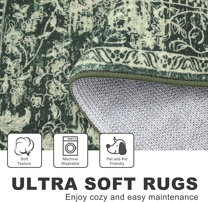 KILOCOCO Area Rug 3x5 Entryway Rug Washable Printed Vintage Floral Rubber Backed Non Slip Indoor Kitchen Rugs for Living Room Laundry Room Playroom Mudroom Moroccan Area Rugs, Green