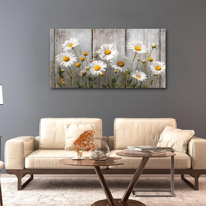KZKU Rustic Daisy Canvas Wall Art-White Flowers on Weathered Wood Background- Large Modern Farmhouse Decor for Living Room Bedroom 20X40in