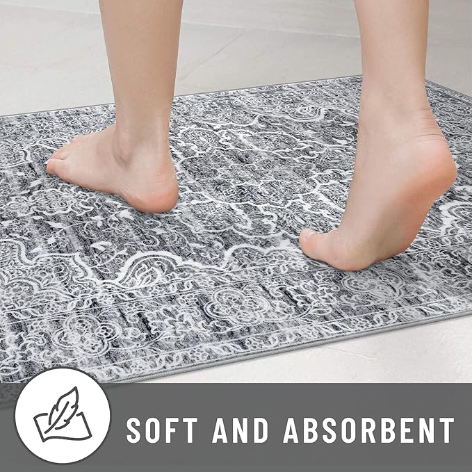 KUTA Vintage Washable Runner Rug, 2.6x8 Runners for Hallways Non-Slip Vintage Grey Blue White Floral Kitchen Rugs Soft Printed Tribal Floor Carpet for Bedroom Living Room Nursery