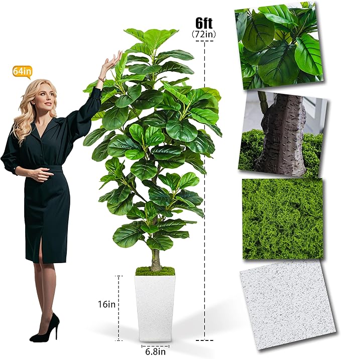 Artificial Fiddle Leaf Fig Tree 6ft, 6 Feet Large Tall Fake Plants Indoor with Modern Style Planter, Artificial Silk Tree for Home Office Living Room Decor Indoor, More Lifelike & Lush (White)