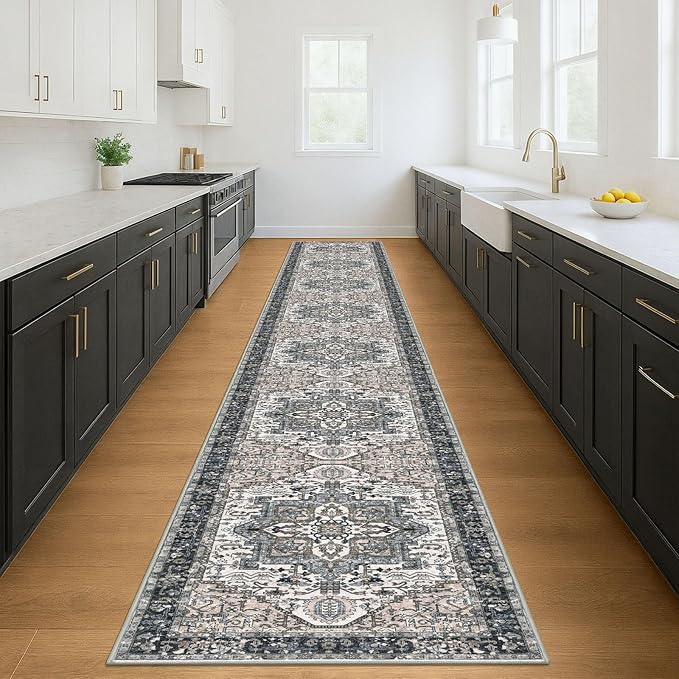 KOZYFLY Runners for Hallways 3x18 Ft Extra Long Washable Faux Wool Thin Runner Rug Printed Stair Carpet for Entryway Bedroom Kitchen Hallway Living Room, Black/Taupe/Beige