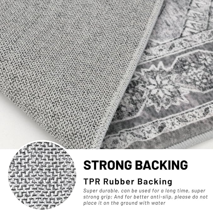 KUTA Living Room Rug 6x9 Grey Soft Blue, Washable Large Area Rugs 6ft x 9ft, Non-Slip Boho Printed Oriental Dining Room Carpet, Indoor Low-Pile Cozy Room Throw for Office Bedroom