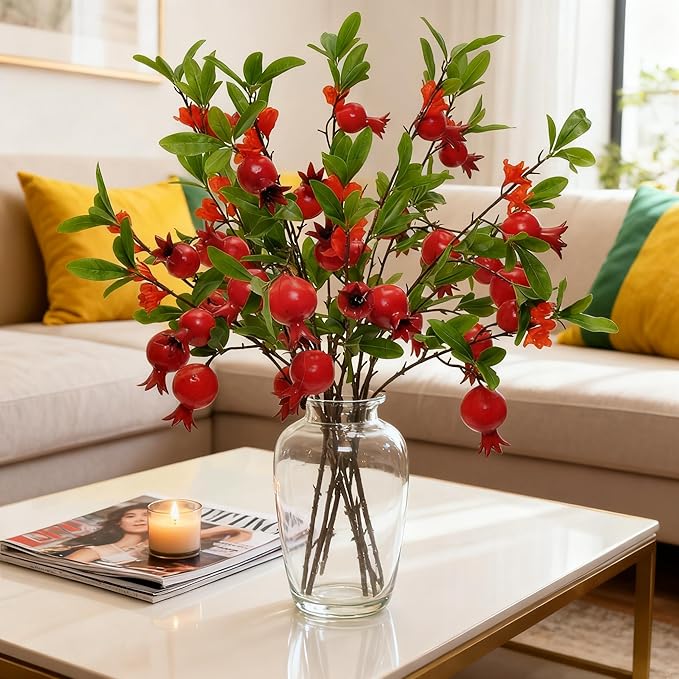 4-Piece Set of 37 Inch Artificial Pomegranate Berry Stems - Realistic Fake Red Rosehip Branches, Silk Autumn Wedding Center Decorations, Farmhouse Kitchen Home Parties