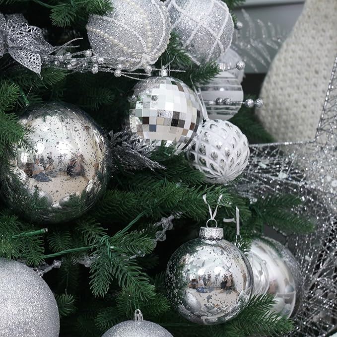XmasExp Large Christmas Ball Ornaments,4pcs Silver Giant Shatterproof Plastic Hanging Mercury Xmas Ball Decorations Christmas Tree Ornaments (Silver, 4")