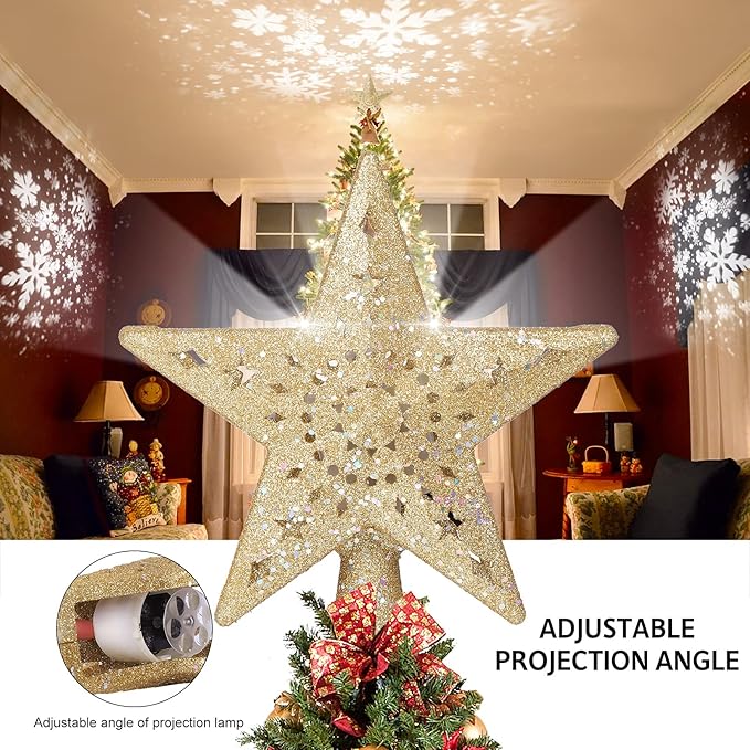 BLOOMWIN Christmas Tree Topper Lighted with Snowflake Projector, LED Rotating Hollow Snowflake, 3D Glitter Lighted Gold Star Tree Topper for Xmas Tree Festival Decorations Lights