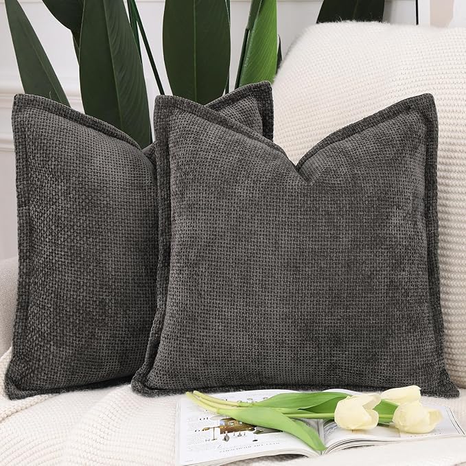 MADIZZ Chenille Velvet Throw Pillow Covers with Flange Set of 2 Super Soft Boho Textured Pillow Covers Decorative Throw Pillowcases Modern Farmhouse Home Decor for Sofa Bedroom Dark Taupe 20x20 Inch
