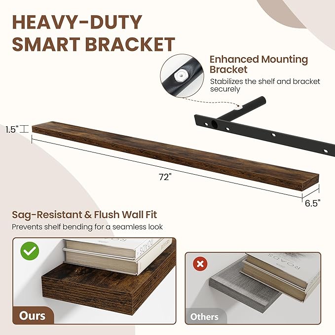 72 Inch Floating Shelves for Wall 1 Pack, 72" Wall Shelves for Books, Storage, Decor, Wall Mounted Floating Shelf with Invisible Brackets for Kitchen, Living Room, Brown