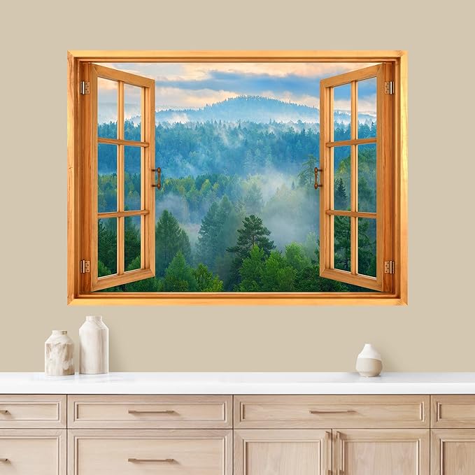 wall26 Removable Wall Sticker/Wall Mural Window View Aerial Misty Lush Green Tree Forest Wilderness Nature Photography Realism Rustic Landscape Colorful for Living Room, Bedroom, Office - 24"x32"