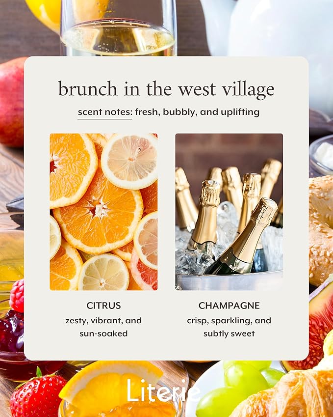 Literie NYC Inspired Scented Candle: Brunch in The West Village - Citrus & Champagne, 9oz, 50 Hour Burn, Vegan Soy & Coconut Blend Candle for Home Decor, Gift for Women & Men