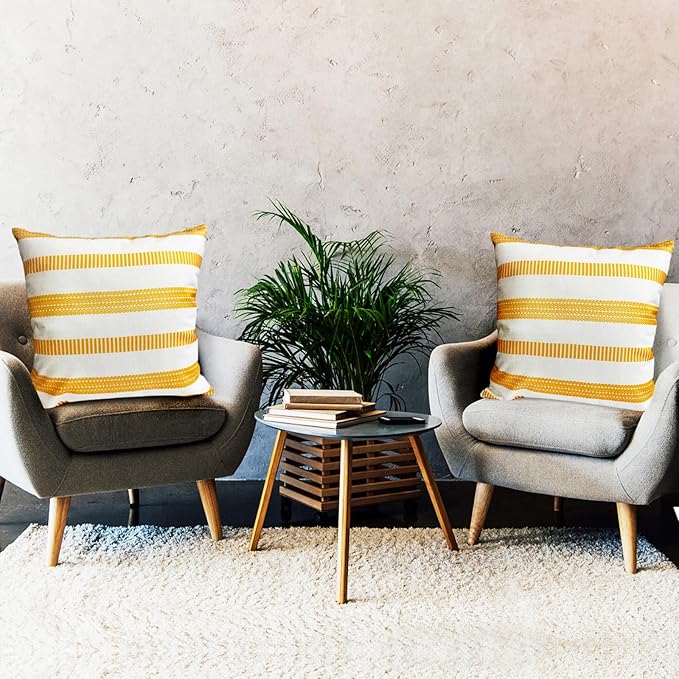 Decorative Throw Pillow Covers Set of 2 Chrome Yellow Boho Striped Pillow Covers 22x22 Inch Throw Pillow Cover Linen Pillowcase Farmhouse Outdoor Pillow Covers for Couch Sofa Living Room