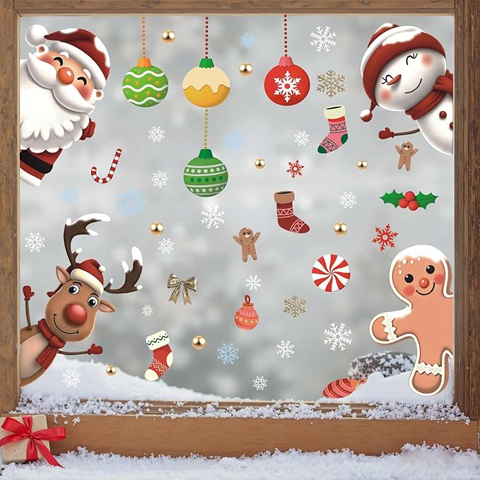 Christmas Window Clings,Winter Snowflake Window Clings,Christmas Decals Clings For Glass,Xmas Reindeer Wall Stickers,Xmas Santa Claus Snowman Gingerbread Wall Decals For Home Room Office School
