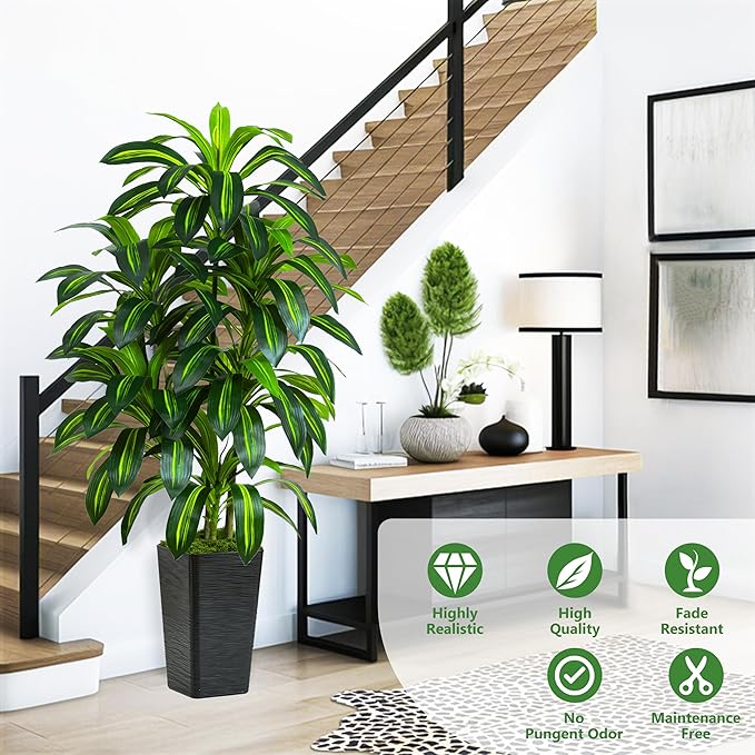 Artificial Dracaena Plant 5FT Tall - Fake Tree with Black Planter - Faux Yucca Tall Fake Floor Plant in Pot - Artificial Trees for Home Bedroom Office Indoor Living Room Decoration